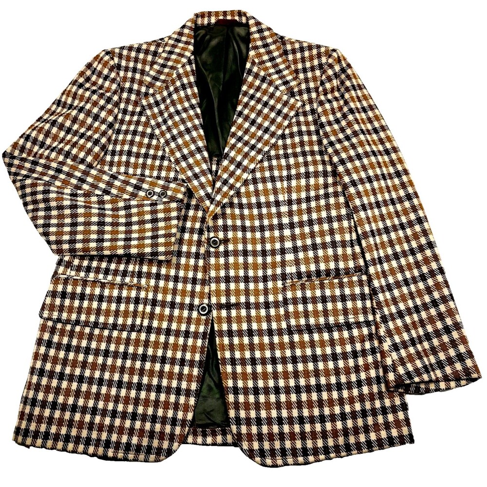 Andhurst Vtg Sport Coat Leisure Suit 70s Plaid Brown 40 42 USA Preppy Academia